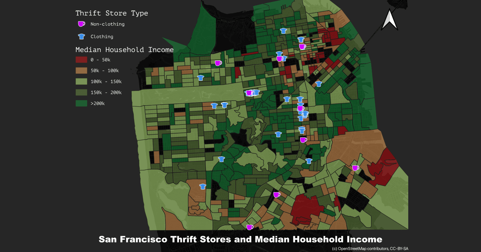 Mapping Thrift Stores vs. Median Household Income in San Francisco